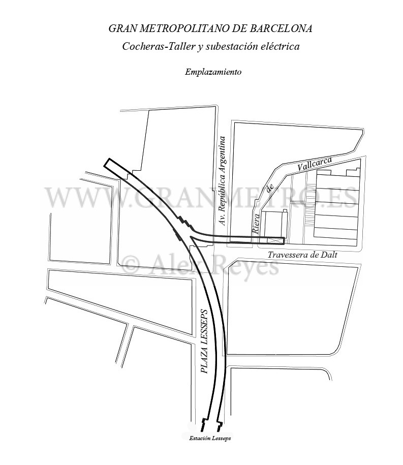 Emplazamiento de las cocheras-Taller y Subestación eléctrica, y de su túnel de acceso. Dibujo: Alex Reyes.