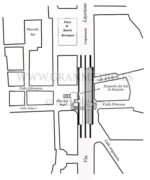 Plano de emplazamiento y configuración de andenes, corredores, y acceso a la estación Jaime I. Sombreado en gris claro, las dependencias no abiertas al servicio. Dibujo Alex Reyes.